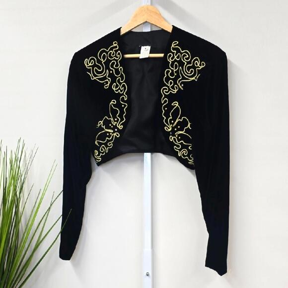 Vintage Black Velvet Cropped Jacket with Golden Embroidery size 6 - Picture 1 of 4